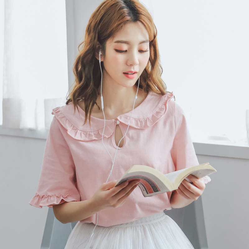 韩都衣舍2018夏装新款女装韩版纯色荷叶领打底短袖T恤EJ01012玎