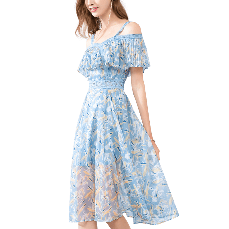 晚白2019夏季新品时尚印花收腰显瘦中长款露肩A字雪纺连衣裙女