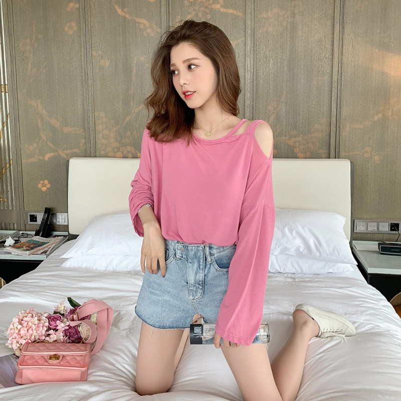 如熙秋季韩版露肩长袖少女小众设计感T恤薄款小心机上衣