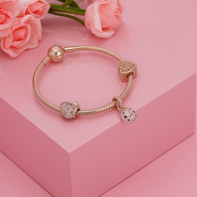 pandora潘多拉女款繁华盛开系列幸运粉色瓢虫手链diy串珠手串手链组套