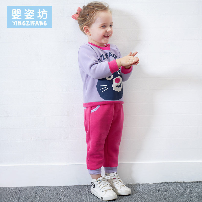 秋季新款女童休闲印花圆领肩开扣T恤收脚长裤童装两件套