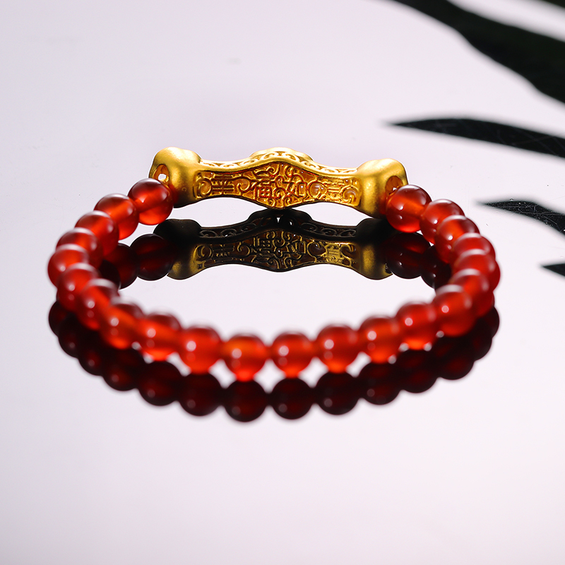 黄金码头3d硬金999足金镂空如意玛瑙手串黄金转运珠手链首饰