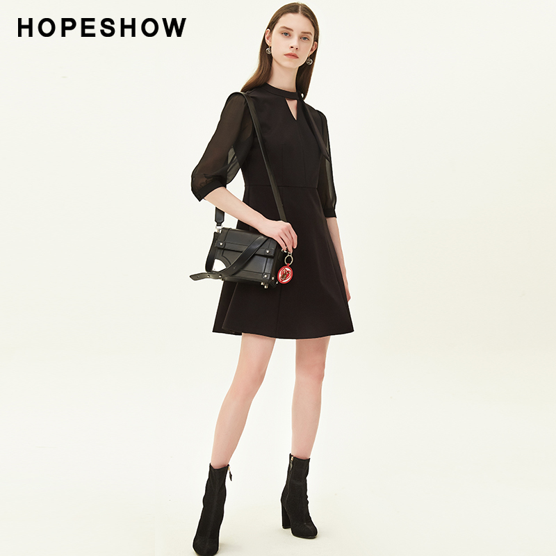 hopeshow黑色连衣裙女 红袖秋季新款飘带灯笼袖中长款复古裙
