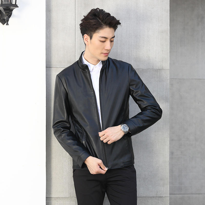 才子男装秋冬新款皮衣男机车立领皮夹克韩版短款外套修身时尚潮 m