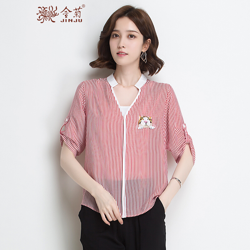 金菊女装春季新款真丝条纹印花衬衫女士v领中袖桑蚕丝上衣女宽松显瘦