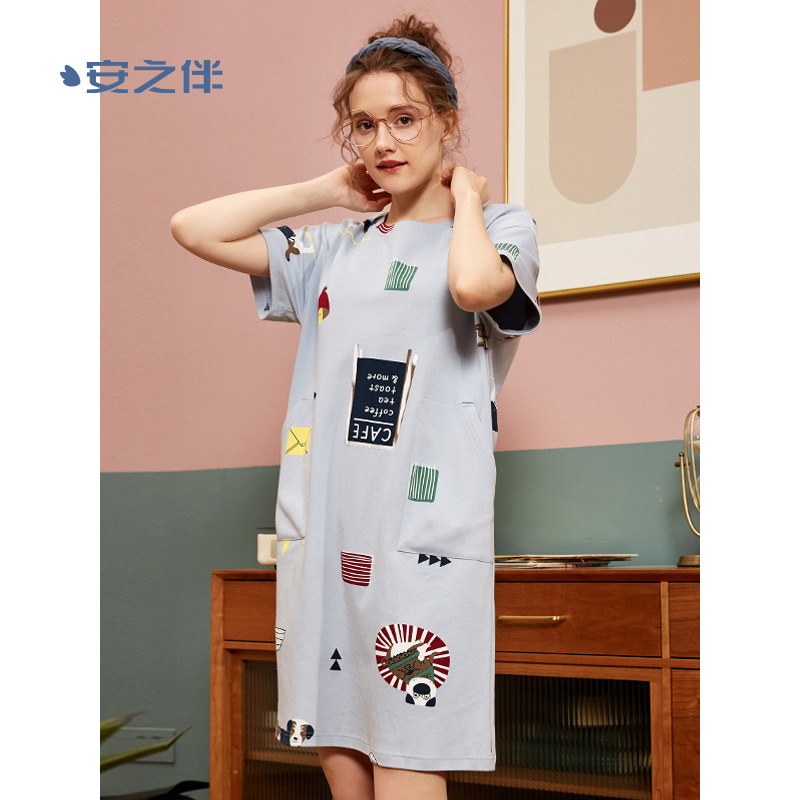 安之伴睡裙女夏冰瓷棉印花短袖女裙