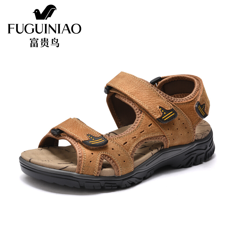 富贵鸟（FUGUINIAO）凉鞋男头层牛皮透气沙滩鞋便捷魔术贴男鞋子_1