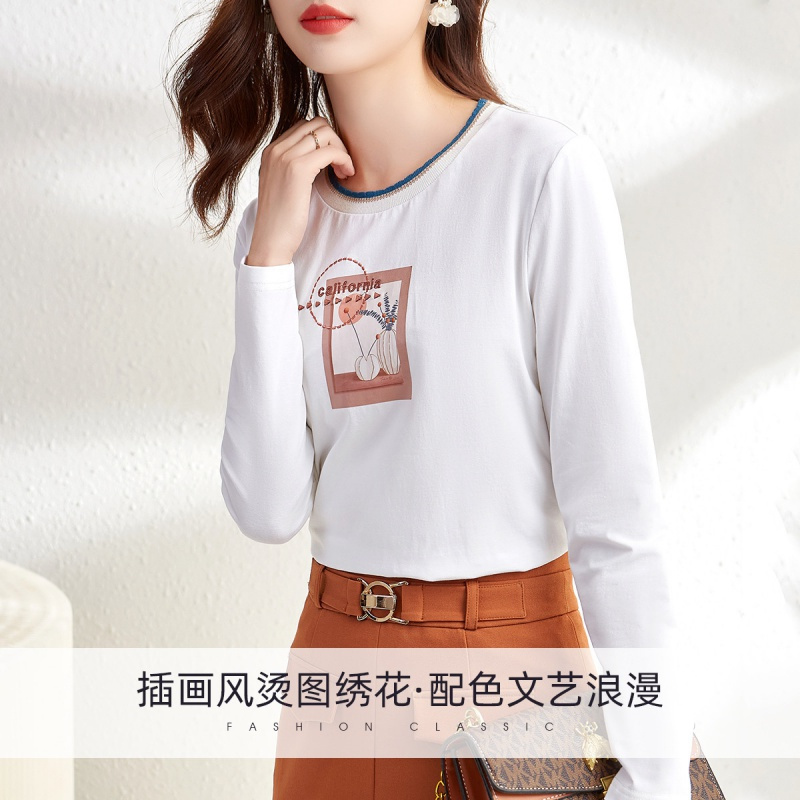 OUNIXUE欧昵雪 | [简约绣花T恤]春季撞色罗纹圆领长袖打底衫休闲女士上衣