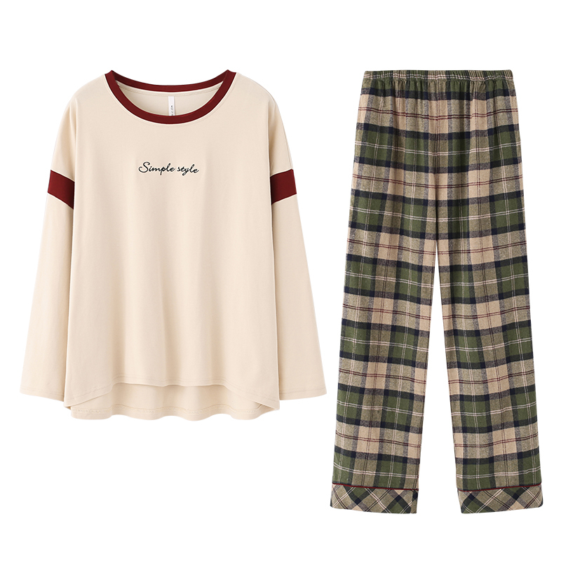 情侣睡衣女春秋纯棉长袖简约休闲韩版格子家居服男时尚宽松