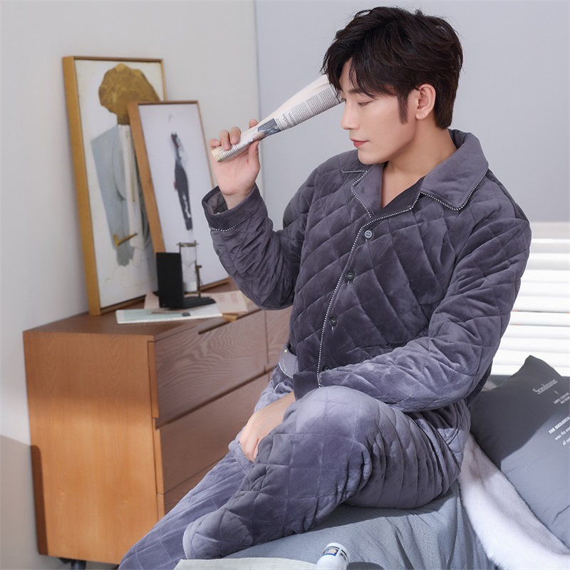 安之伴贝贝绒睡衣男士冬夹棉加厚长袖裤保暖家居服套装