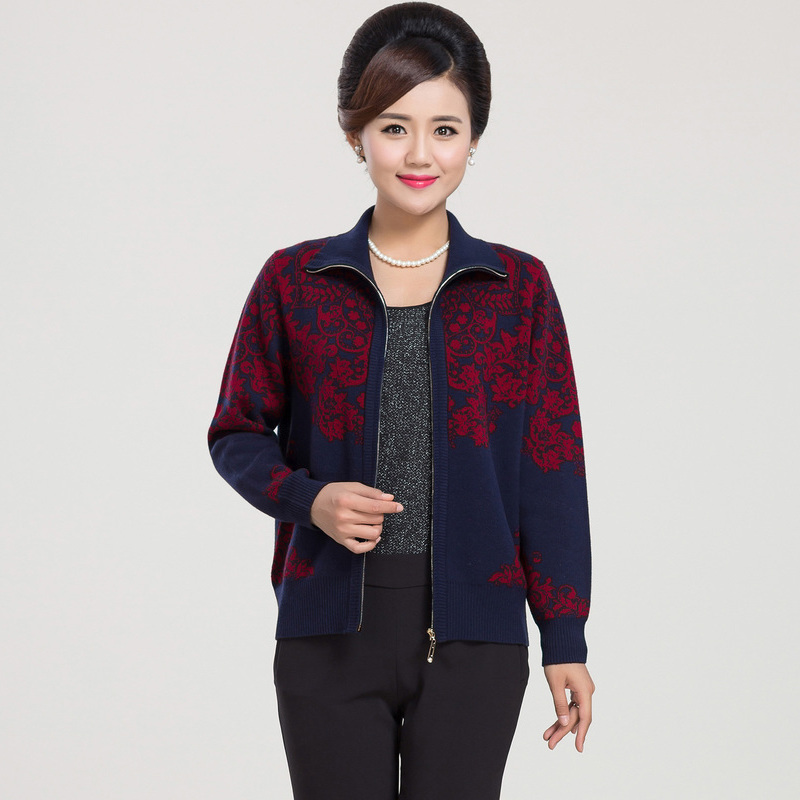 恒源祥羊毛衫秋冬妈妈装中老年针织衫女开衫拉链翻领外套复古毛衣视频