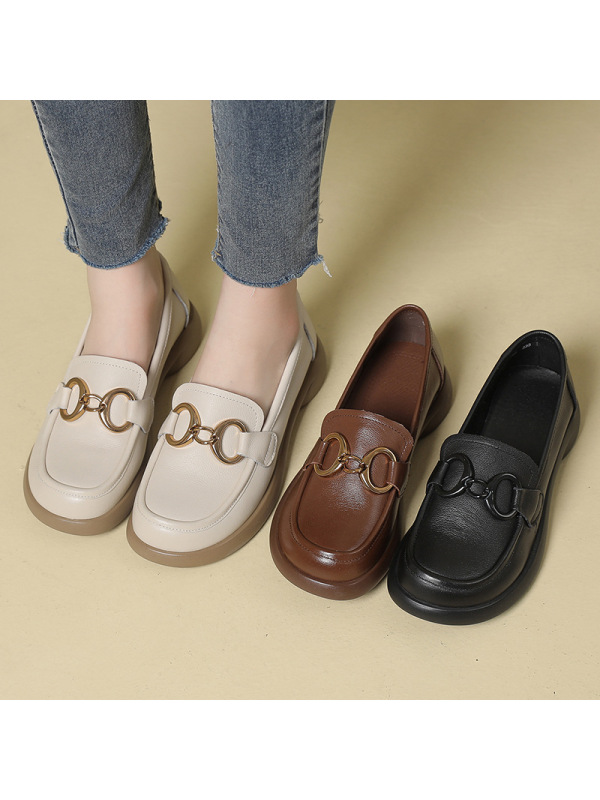 新款头层牛皮圆头中口低跟纯色乐福鞋英伦风套脚真皮单鞋