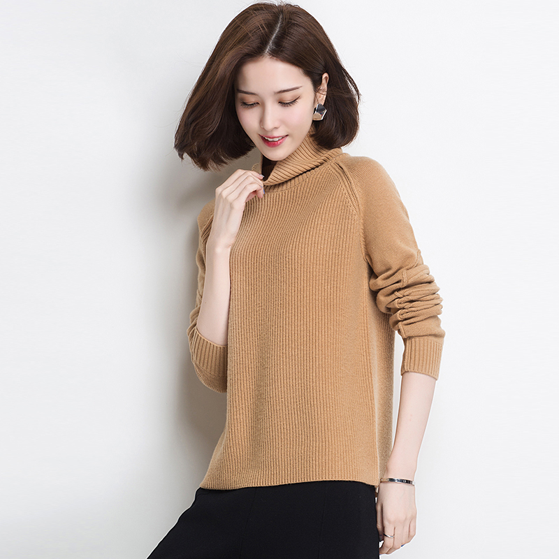 yaloo/雅鹿女装羊毛衫堆堆领毛衣修身加厚秋冬短款高领套头打底x