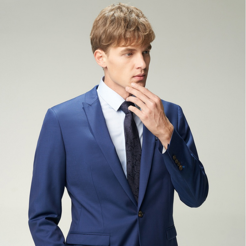 依文男西服套装上装经典蓝色英伦一粒扣修身羊毛西装外套ea570352