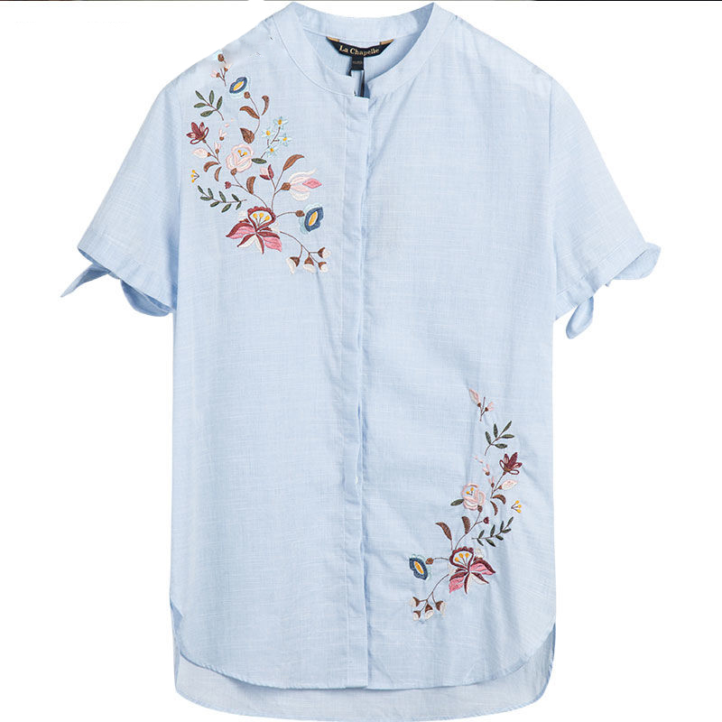 拉夏贝尔夏季新款时尚淑女百搭刺绣花显瘦短袖衬衫女士10014430
