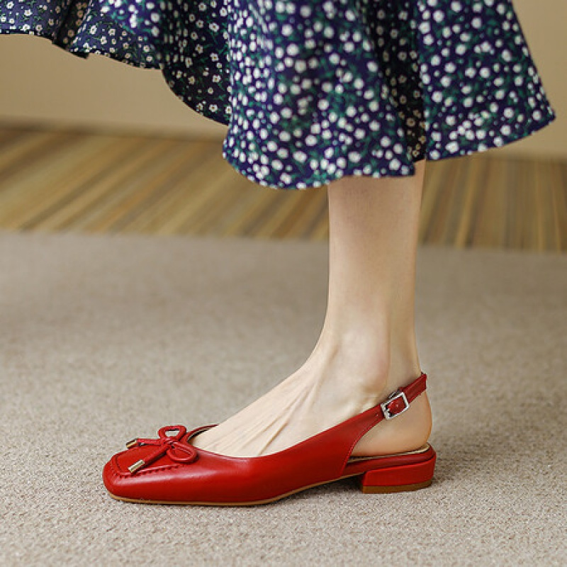 格瑞迪欧牛皮凉鞋女圆头浅口鞋舒适百搭中跟蝴蝶结女式皮鞋大小码粗跟