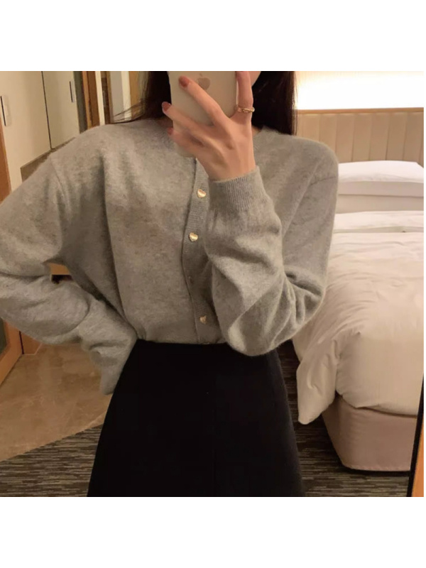 粉色针织开衫女韩版秋冬新款优雅气质软糯毛衣宽松短款圆领薄外套