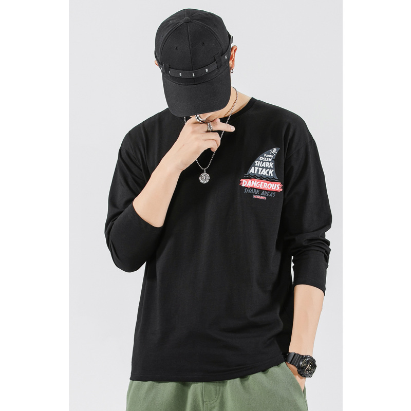 三弦(LA CORDE)男士长袖T恤秋季纯色圆领时尚潮流上衣服韩版宽松春秋印花打底衫LA-MD9607