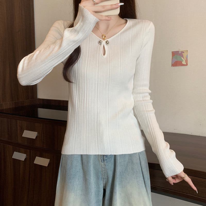 秋季新款设计感V领长袖打底衫内搭针织衫休闲ins韩版通勤个性上衣图片