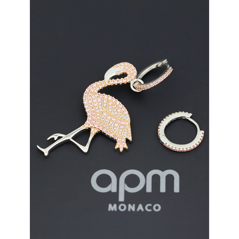 apm MONACO杨紫同款不对称粉色火烈鸟耳环925银耳饰女士时尚穿孔镶晶钻耳坠首饰AE10582ORW