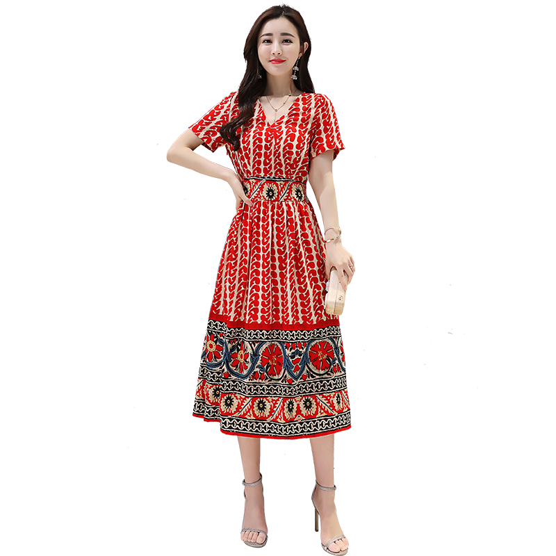 丝柏舍2019夏装女装时尚民族风印花v领短袖中长款连衣裙s82r1654l