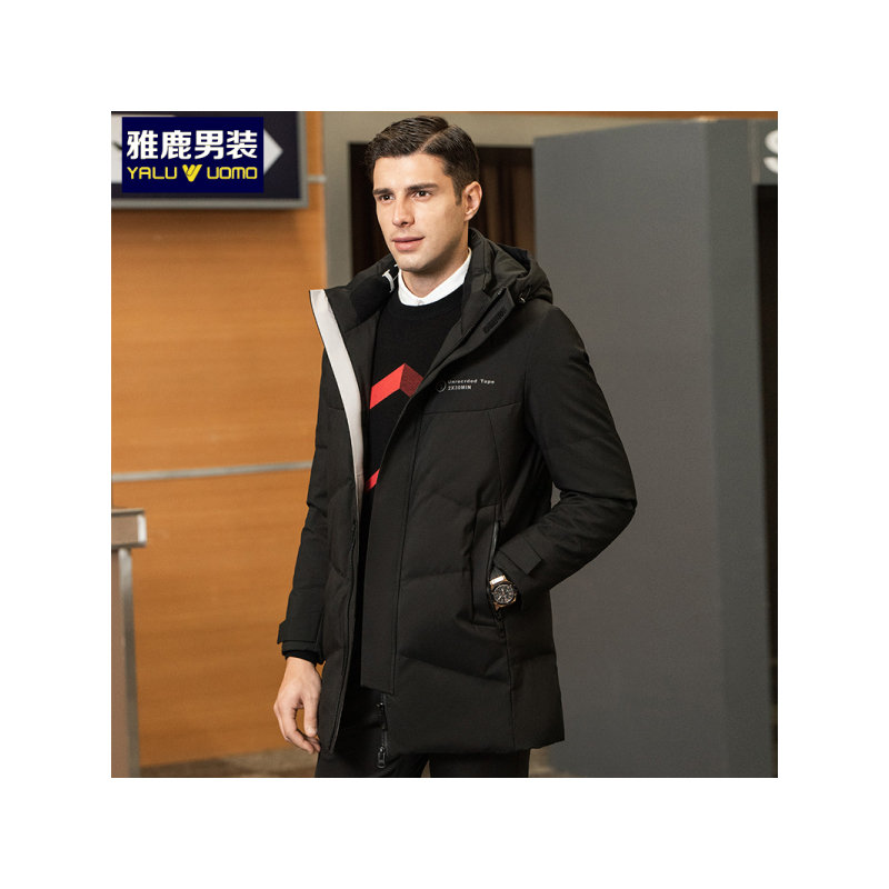 雅鹿男装中长款连帽羽绒服宽松舒适保暖外套WE67U0784
