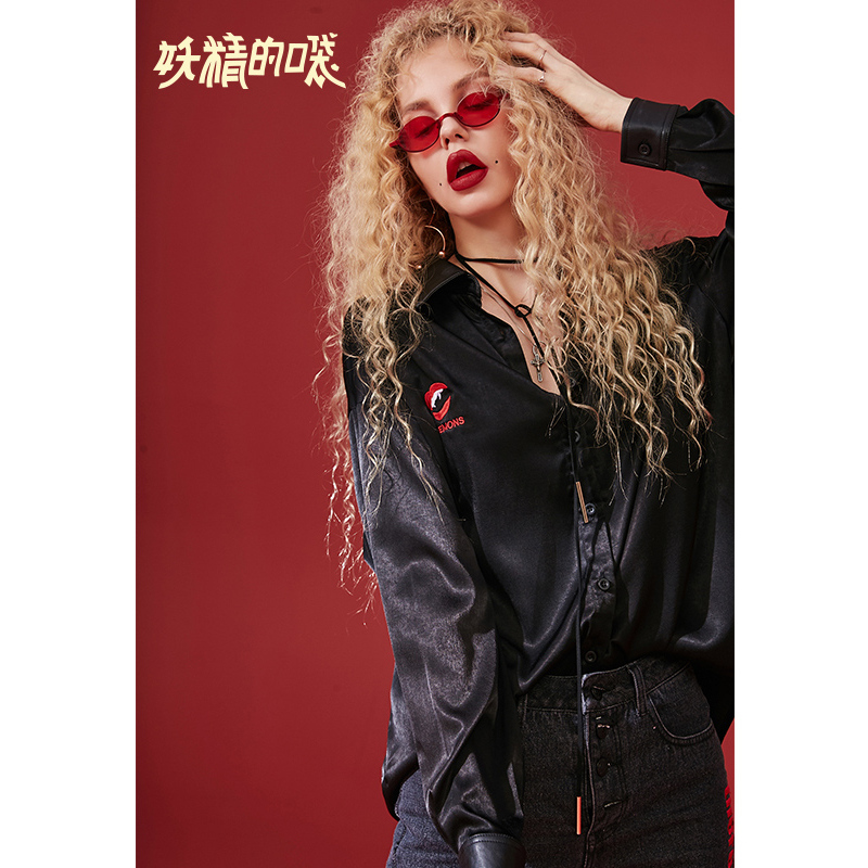 妖精的口袋Y秋装宽松慵懒风上衣街头绣花长袖衬衫女潮流Q_1