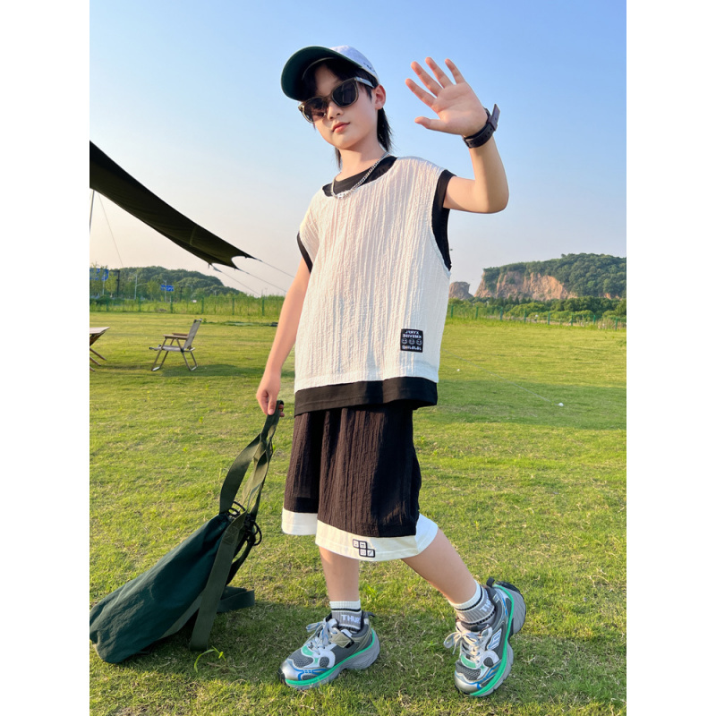 男童夏装套装2025新款男孩儿童背心夏季速干短袖中大童洋气薄款潮