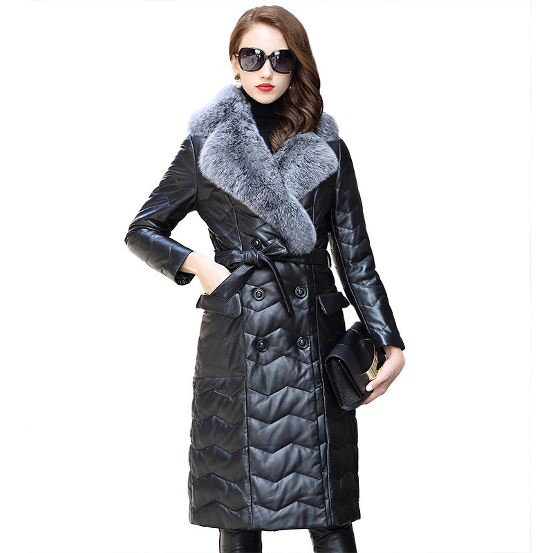 2019秋冬绵羊皮皮衣外套女长款狐狸毛领韩版真皮羽绒服w