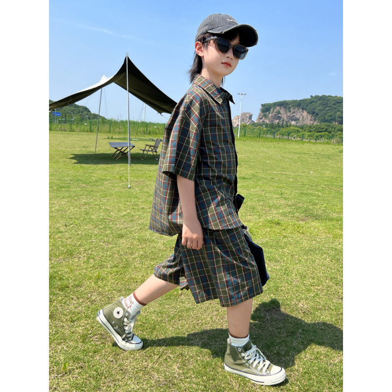 男童衬衫套装2025新款儿童夏装格子短袖大童夏款帅气夏季时髦潮