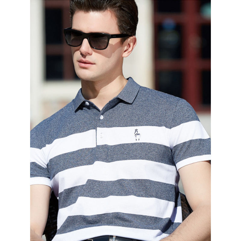 传奇保罗polo衫男短袖2018夏季新款浅灰条纹休闲商务纯棉翻领t恤