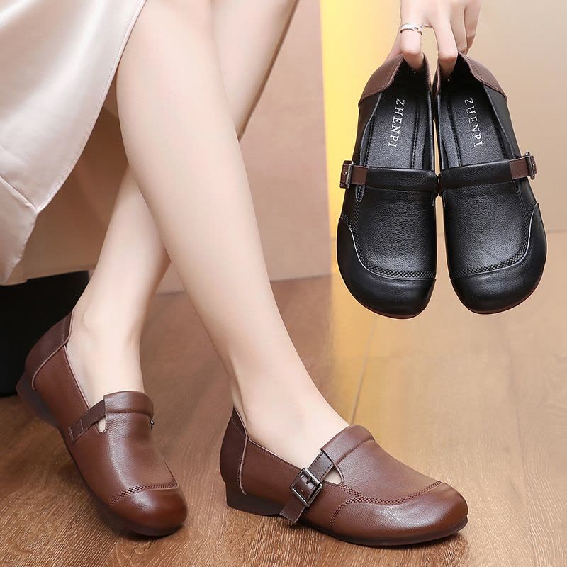 2025春新款真皮平跟深口女单鞋头层牛皮复古一脚蹬大码休闲妈妈鞋图片