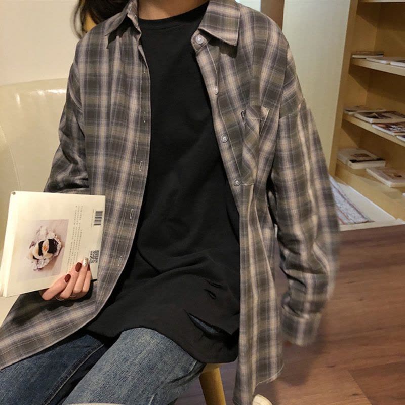 如熙格子衬衫女韩范宽松原宿风薄外套百搭学生长袖衬衫图片