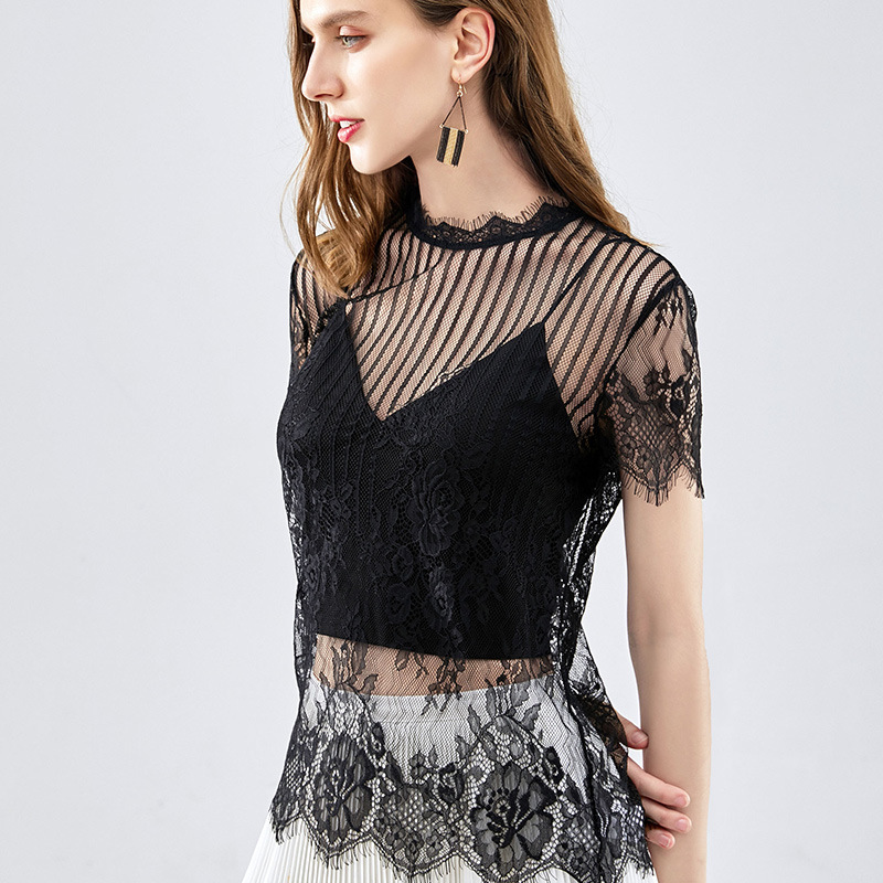 蕾丝上衣女夏黑色短袖勾花镂空性感打底衫薄视频