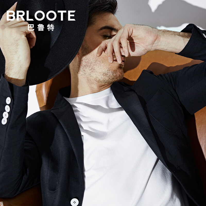 Brloote/巴鲁特男士棉麻休闲西服男修身亚麻西装单西便西春装 藏青