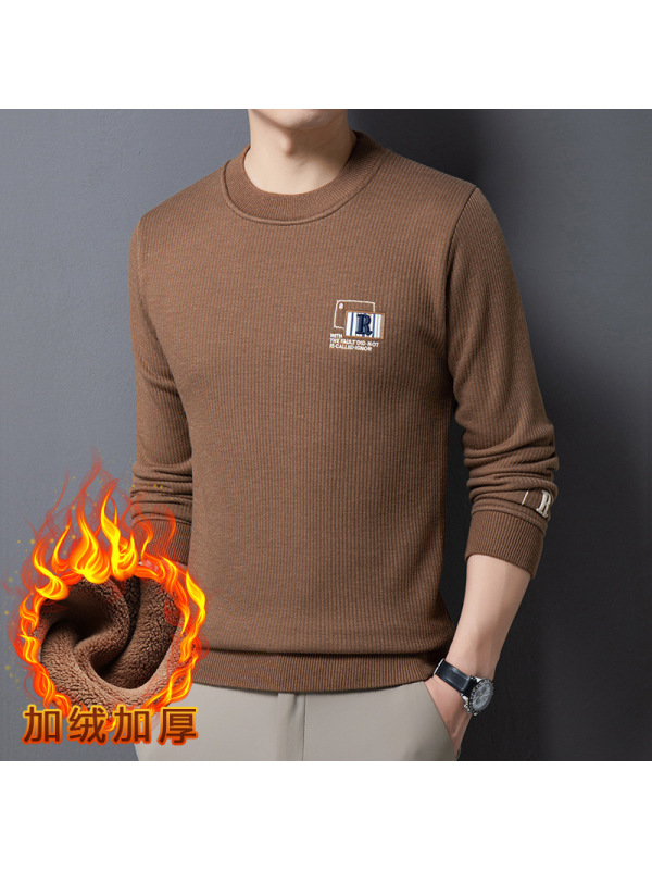 加绒毛衣男士圆领套头休闲刺绣加厚保暖打底男士针织衫