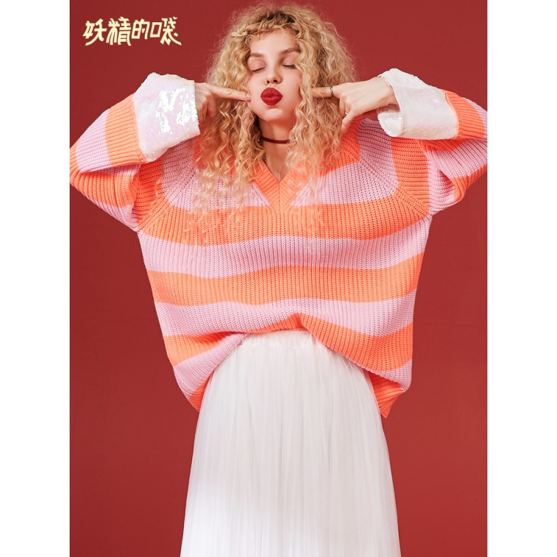 妖精的口袋Y冬装慵懒风上衣套头V领ins超火的毛衣女宽松Q_1
