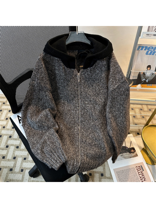 秋季新款青少年连帽慵懒感毛衣简约百搭休闲男女针织衫开衫男外套