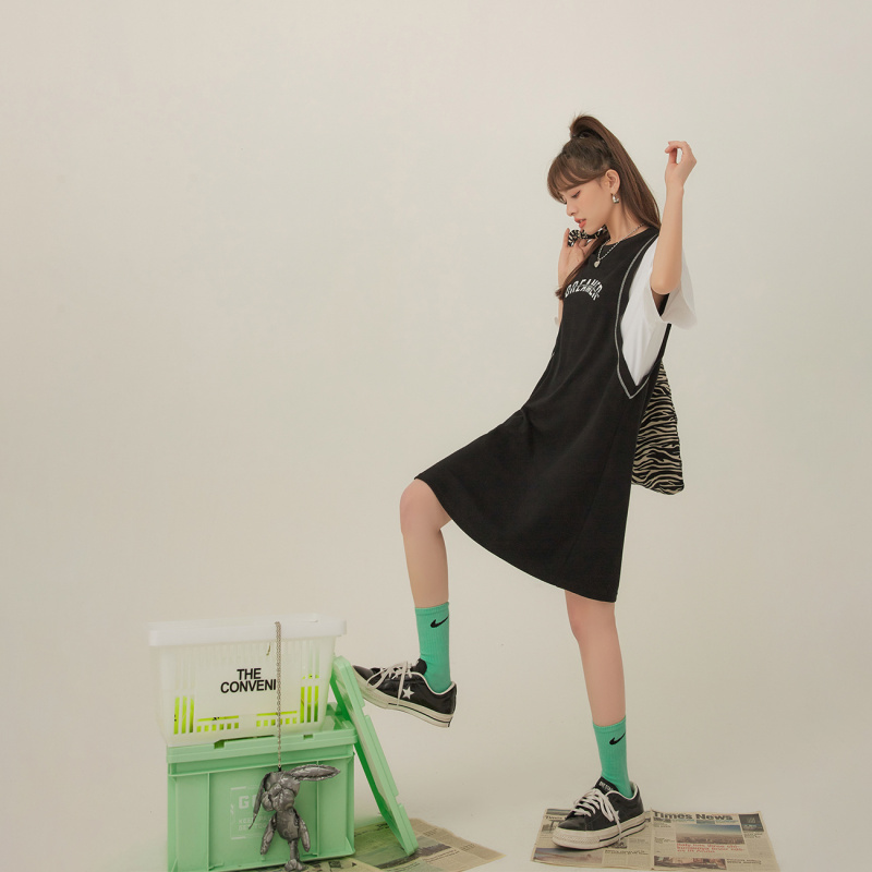 OtherMix拼接字母印花连衣裙女2021年夏季新款小众休闲减龄裙子潮