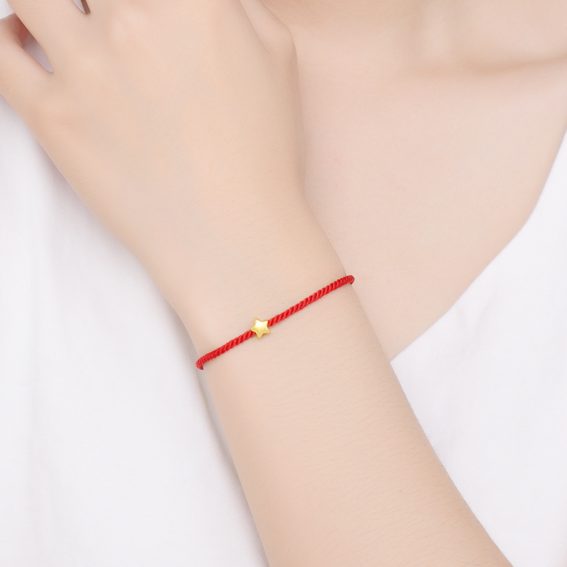蒂蔻幸运五角星星黄金手链女款红绳款3d硬足金可调节手绳生日送女友