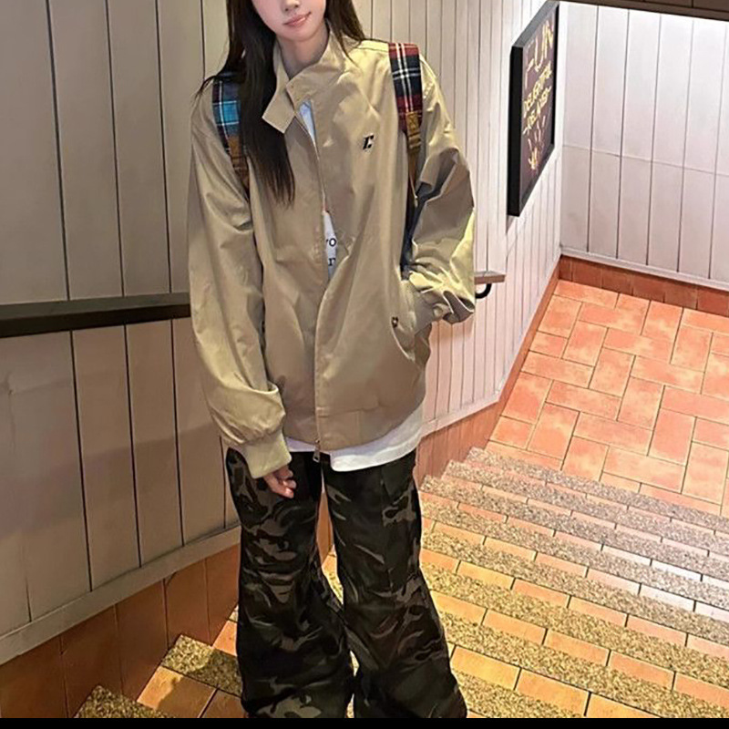 美式复古立领外套女春秋新款韩系ins宽松百搭情侣款卡其工装夹克