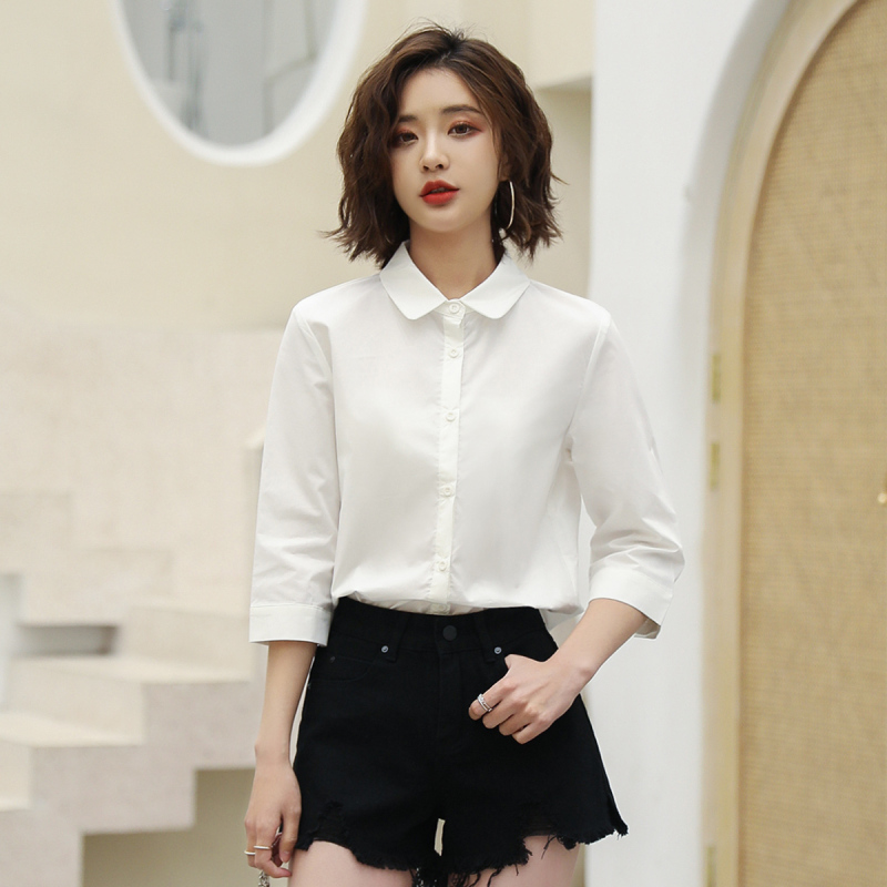 高梵春夏女七分袖纯棉白衬衫女韩范 chic上衣春职业衬衣