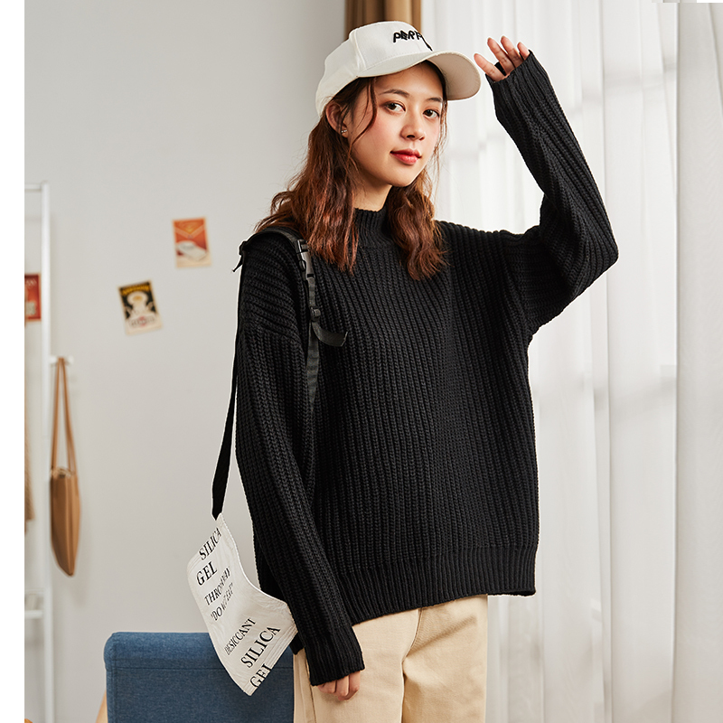 2019唐狮秋冬季新款毛衣女半高领粗线针织衫毛线衣上衣色黑色潮