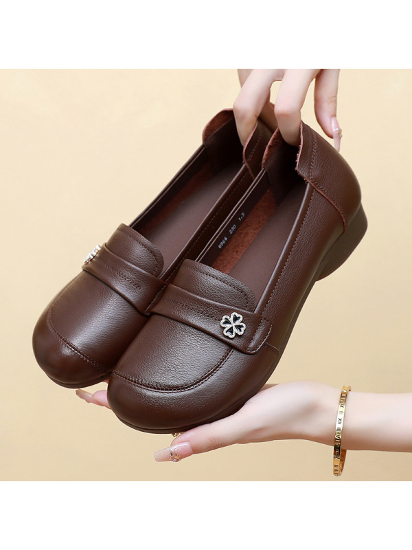 小皮鞋女秋圆头中口平底鞋复古风一脚蹬乐福鞋头层牛皮四季鞋