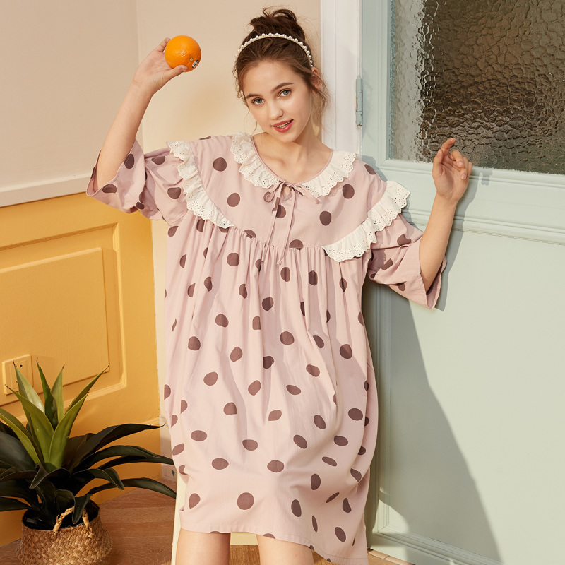 安之伴睡衣女春梭织色织条印圆点七分袖女裙家居服