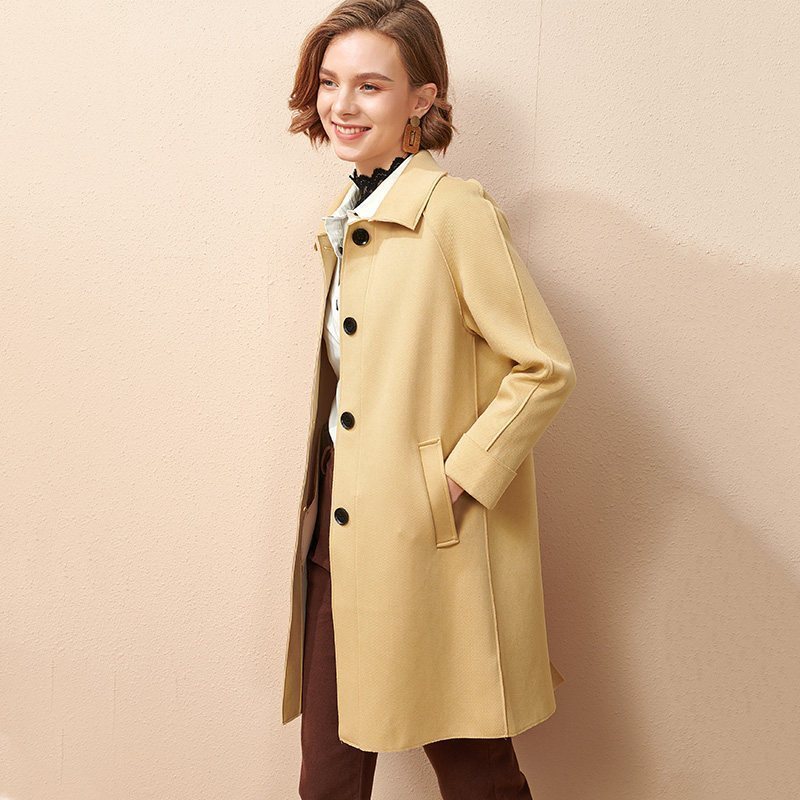 欧昵雪气质翻领长袖显瘦单排扣风衣女时尚中长款外套