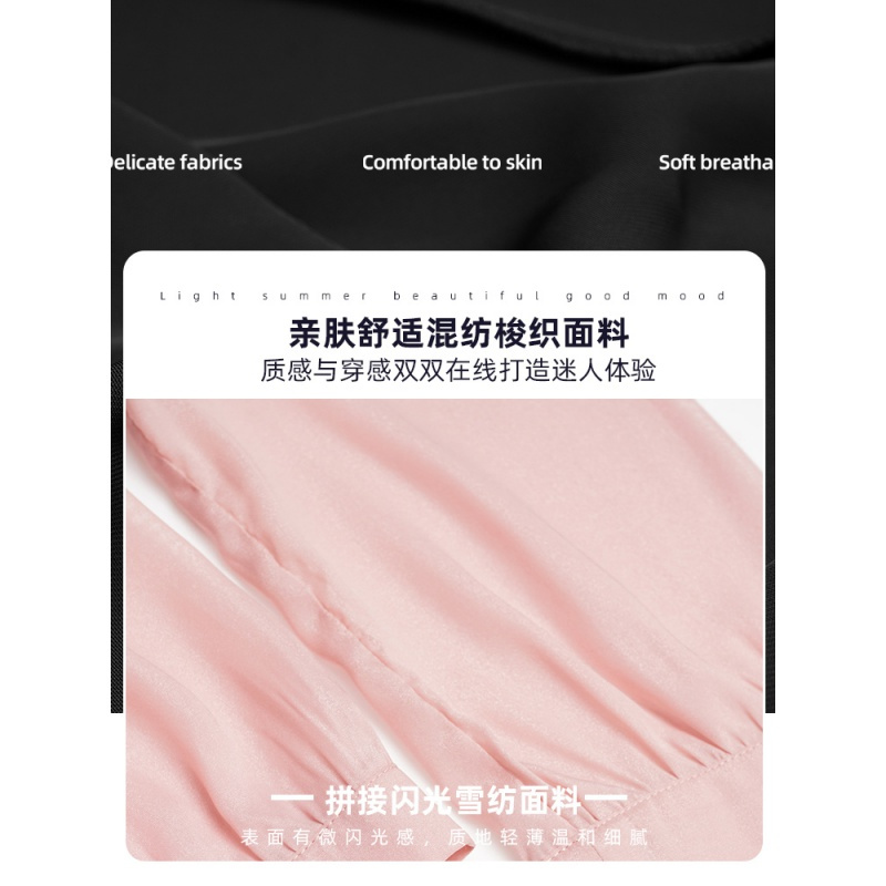 欧昵雪假两件拼接连衣裙女方领七分袖修身A字中裙子