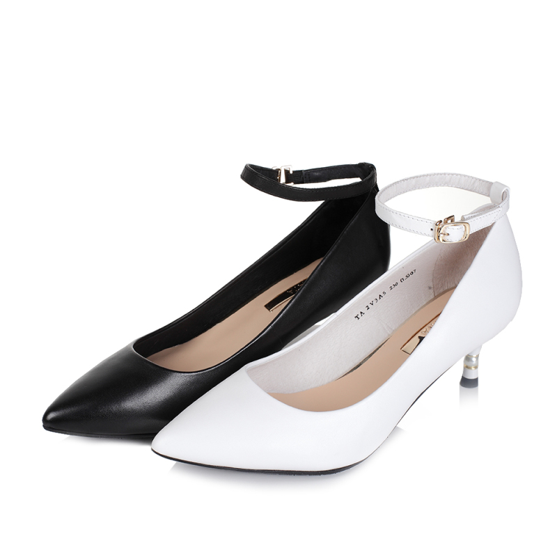 tata/他她秋白色牛皮简约一字带珍珠细跟浅口女鞋2v3a5cq7