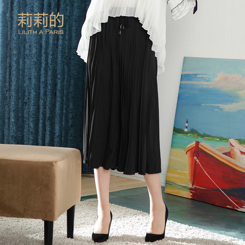 莉莉的 阔腿裤女装 夏季新款高腰系带雪纺裤宽松百褶七分裤女