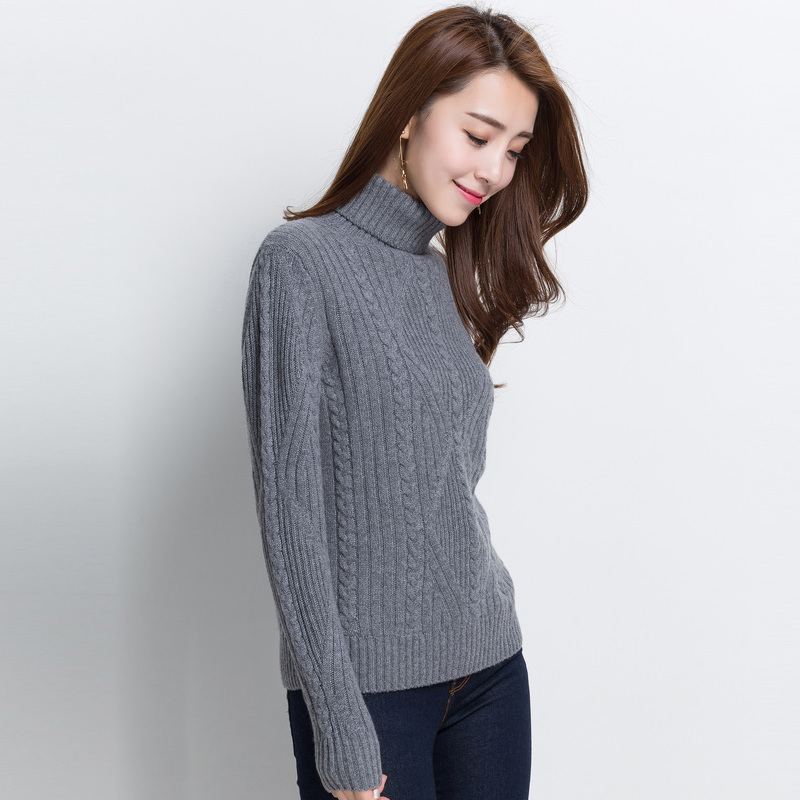 恒源祥纯羊绒毛衣女高领秋冬套头打底衫麻花针织衫粗毛线羊绒衫
